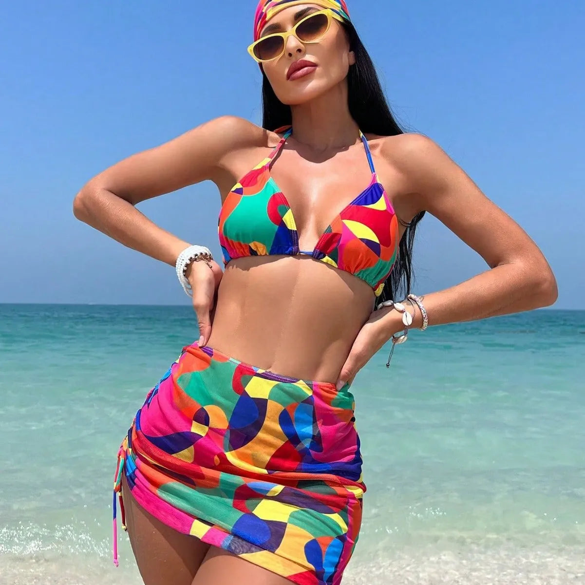Ensemble bikini 4 pièces imprimé à nouer, jupe et foulard