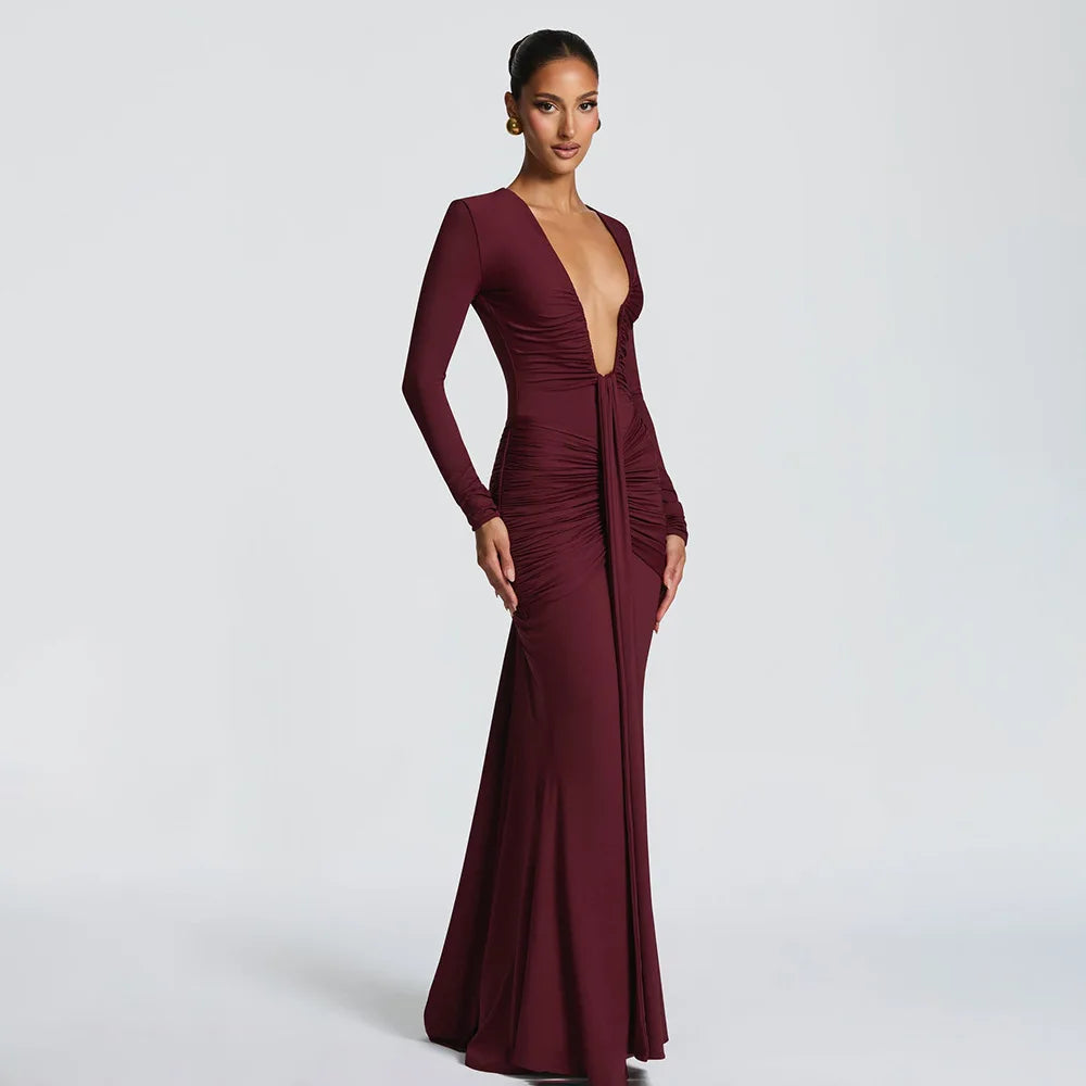 Robe longue femme col V profond, manches longues, coupe ajustée