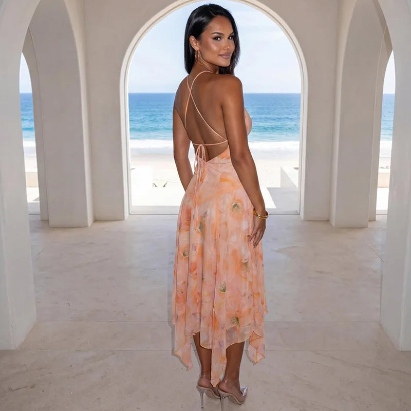 Robe longue maxi fleurie à col halter pour femme