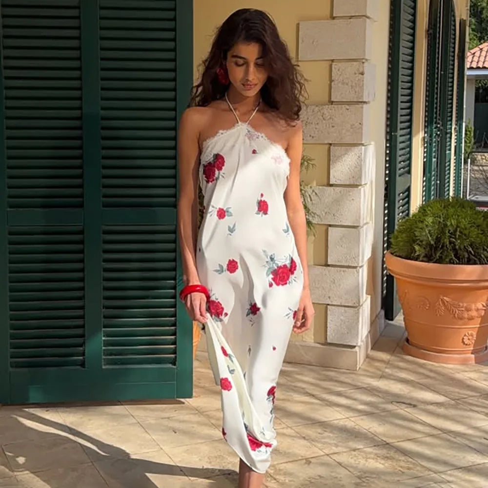 Robe longue dos nu à col halter, imprimé floral, coupe ajustée