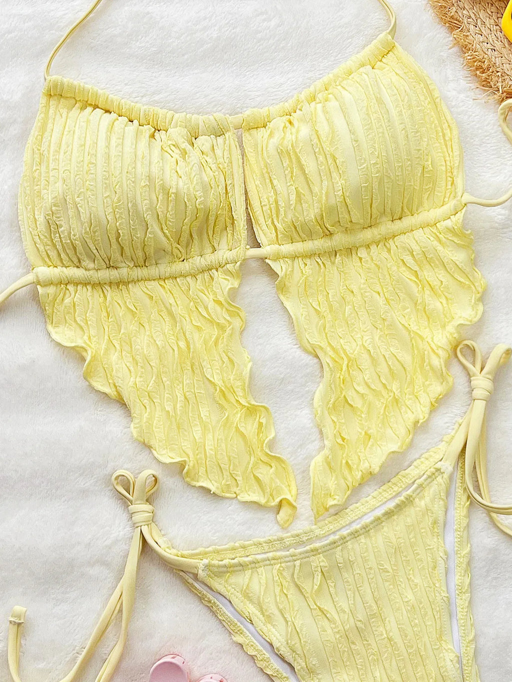 Ensemble bikini deux pièces halter dos nu et côtés noués - couleur unie