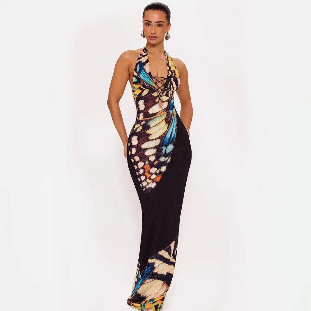 Robe longue dos nu à col halter, imprimé papillon, moulante et ajourée