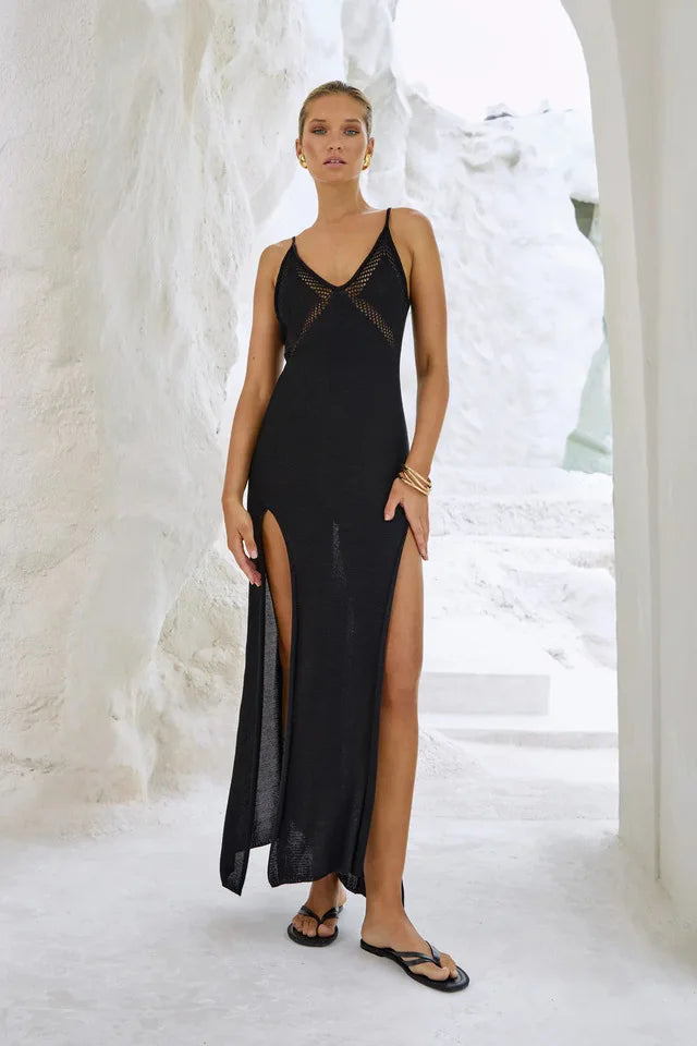 Robe d'été longue midi ajourée à col halter, en maille, coupe A, respirante et fendue