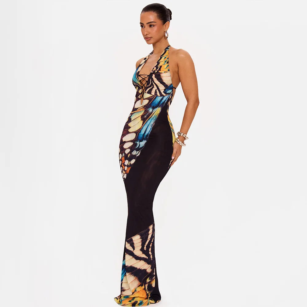 Robe longue dos nu à col halter, imprimé papillon, moulante et ajourée