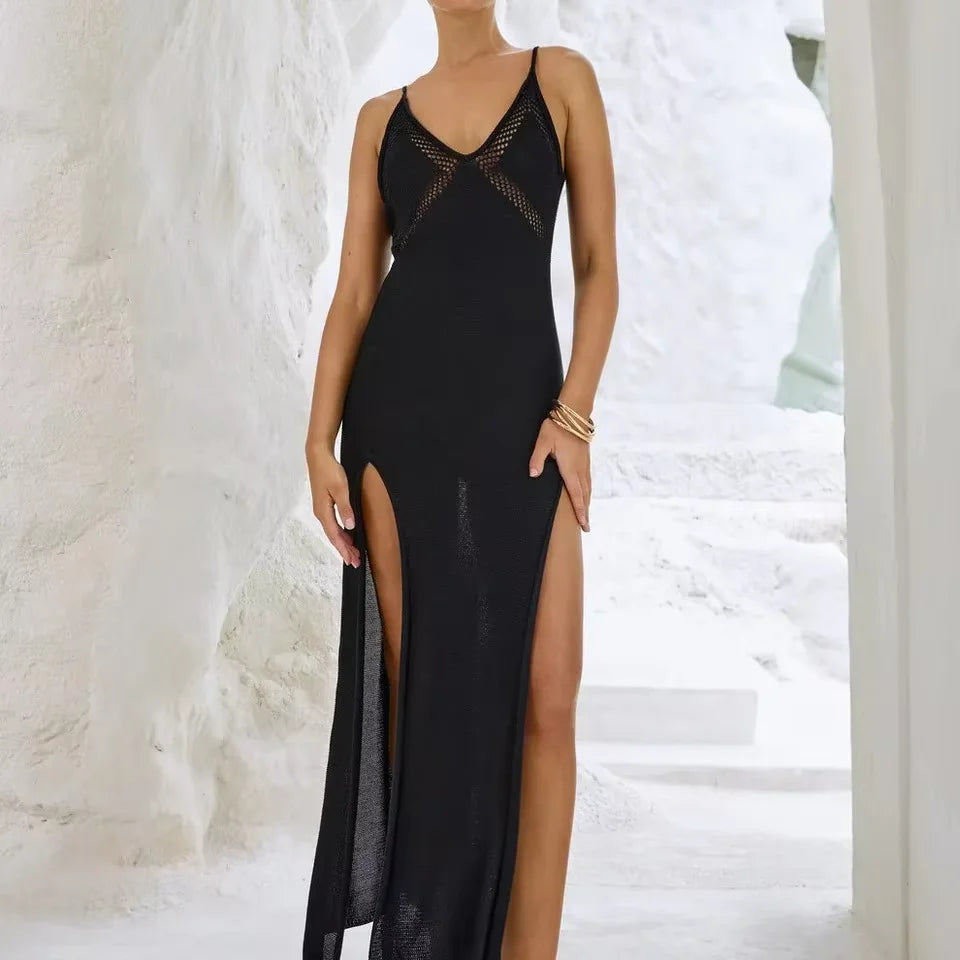 Robe d'été longue midi ajourée à col halter, en maille, coupe A, respirante et fendue