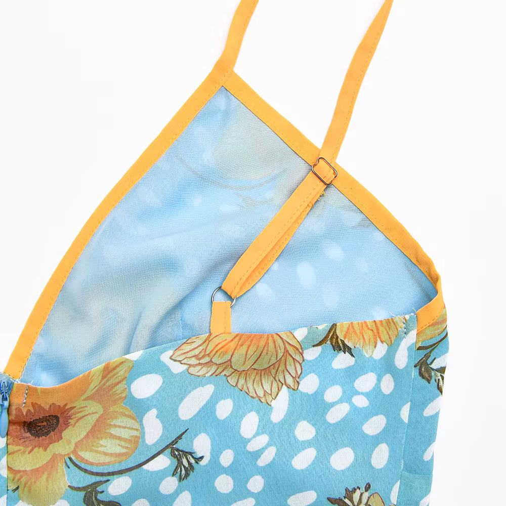 Robe longue fleurie à bretelles spaghetti, dos nu, été
