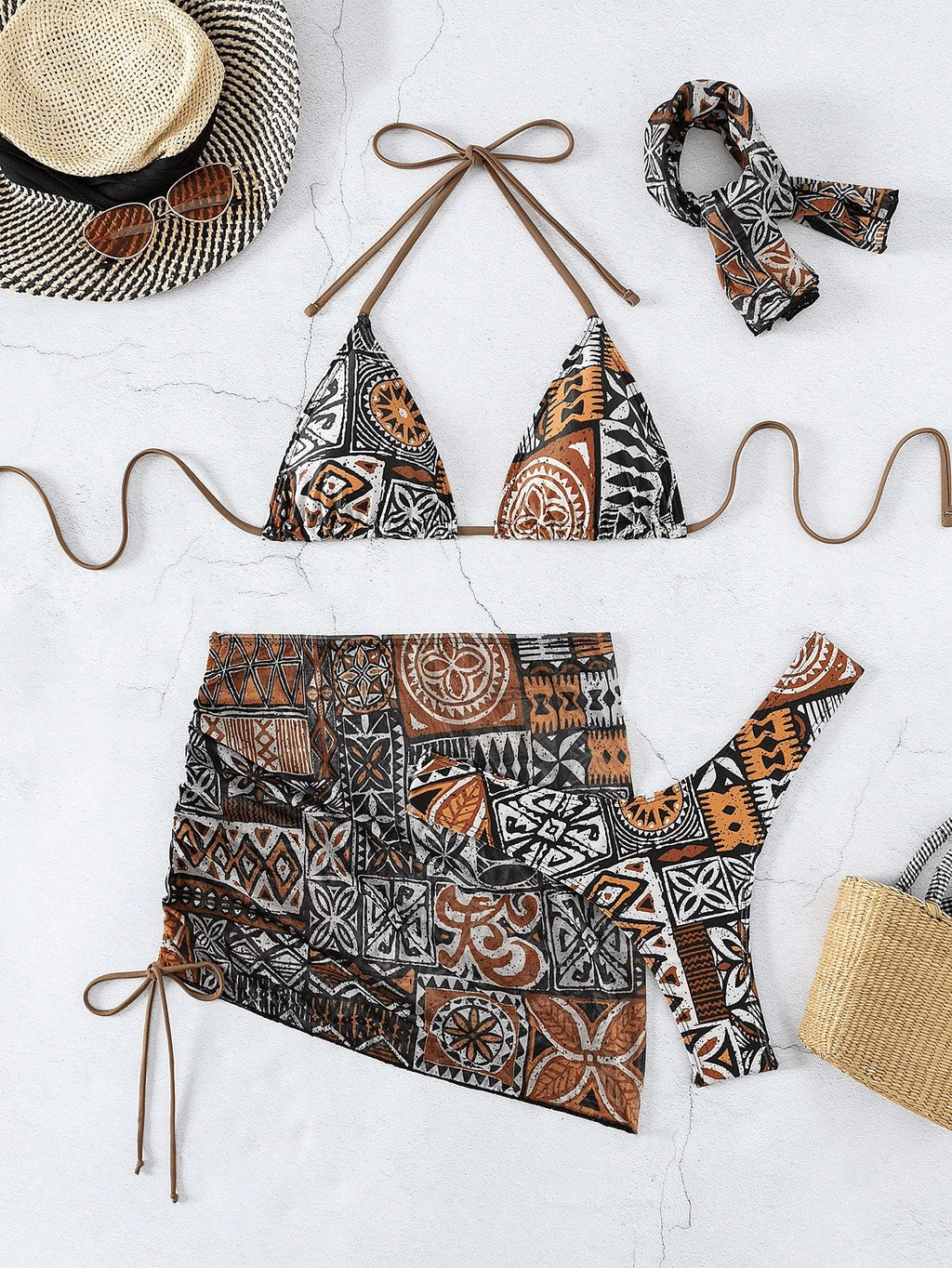 Maillot de bain femme 2 pièces taille haute avec foulard