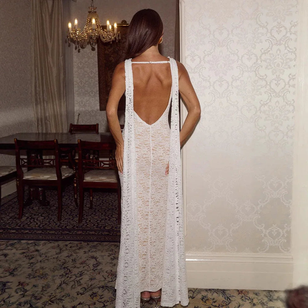 Robe longue élégante dos nu sans manches en dentelle