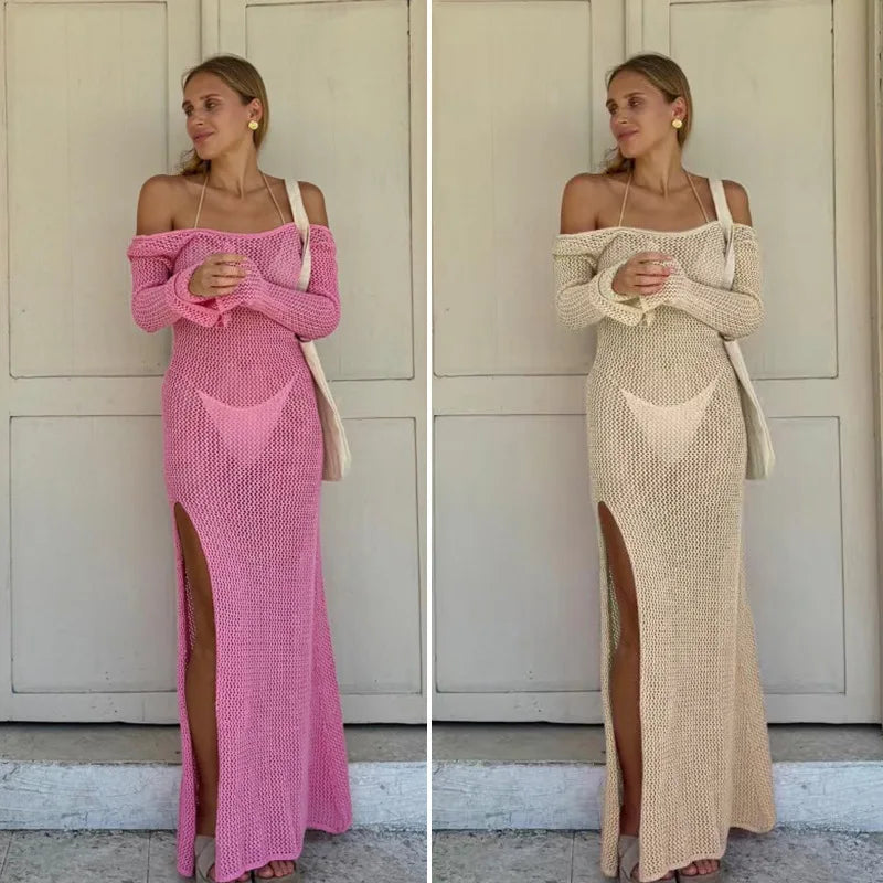 Robe kaftan longue en maille respirante avec dos nu et fente latérale