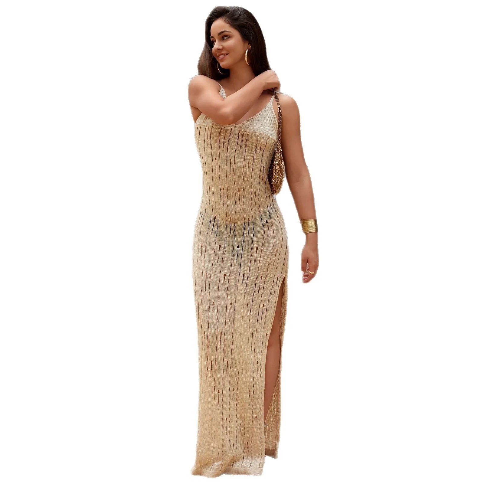 Robe de plage couverture de maillot de bain col V, midi, dos nu, unie
