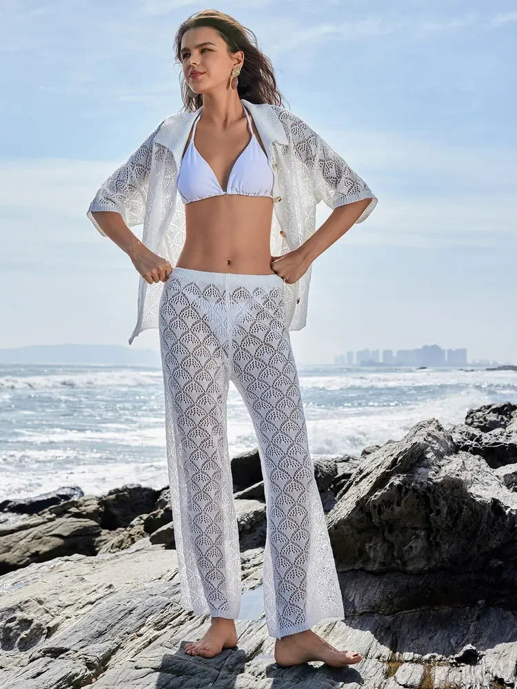 Ensemble 2 pièces cover-up en maille pour la plage, top à col V et pantalon à cordon