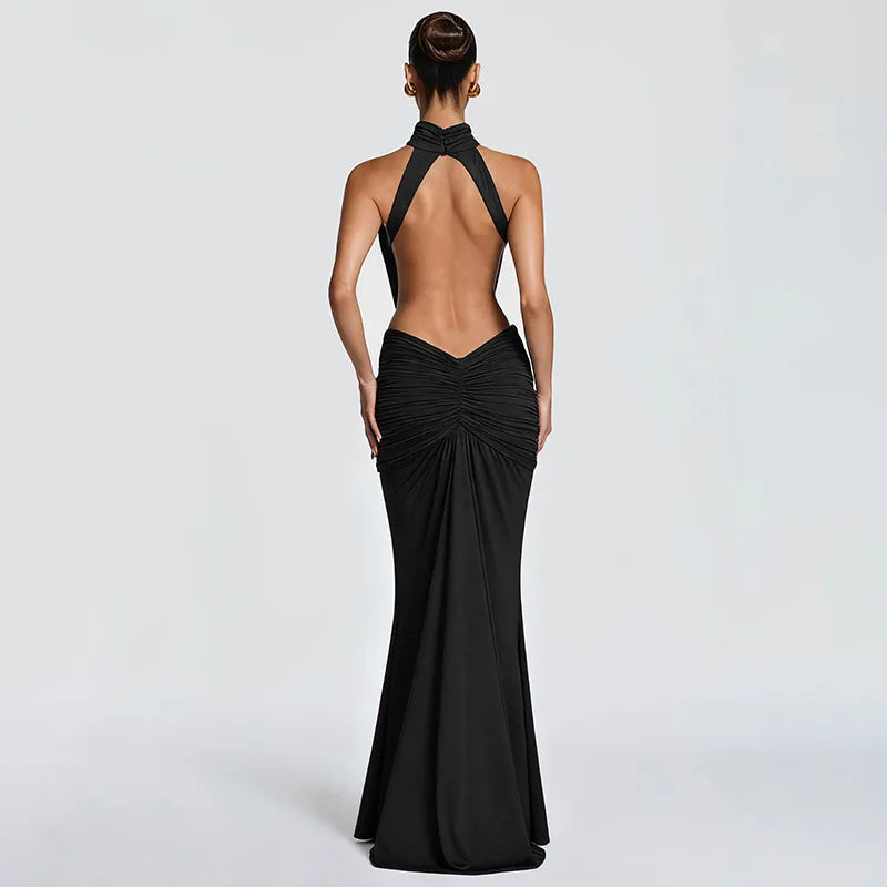 Robe longue élégante à col montant et dos nu, sans manches, couleur unie