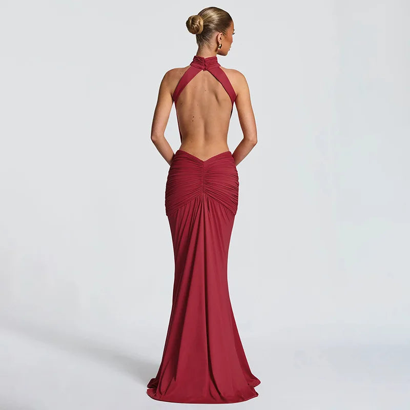 Robe longue élégante à col montant et dos nu, sans manches, couleur unie