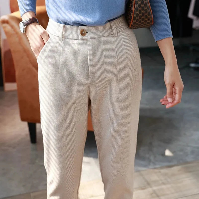 Wollhose Damen Harem Bleistifthose 2024 Herbst Winter High Waisted Freizeithose Anzughose Office Lady Damenhose