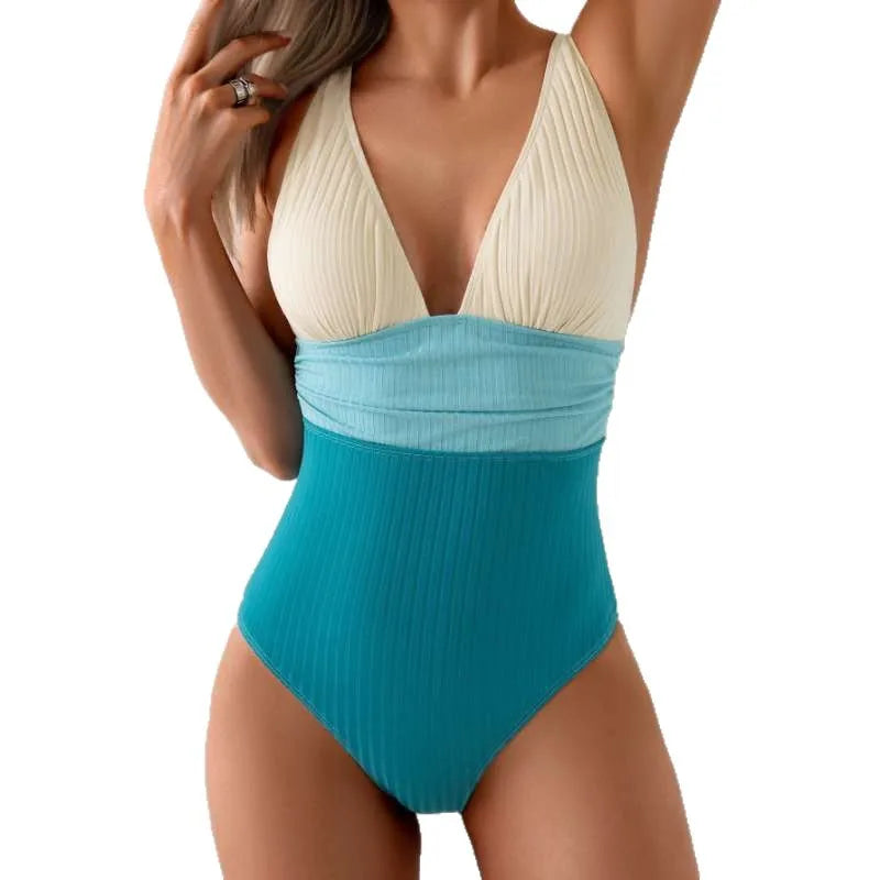 Bikini femme taille haute avec armatures et décolleté en V profond
