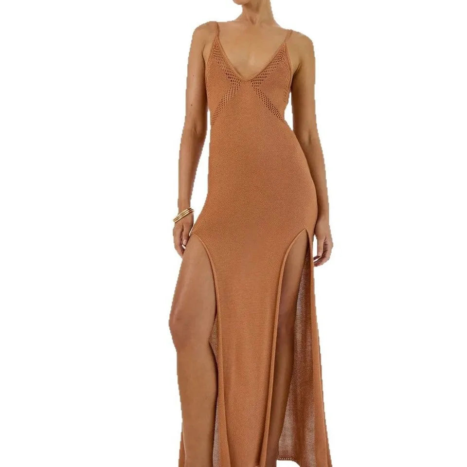 Robe d'été longue midi ajourée à col halter, en maille, coupe A, respirante et fendue