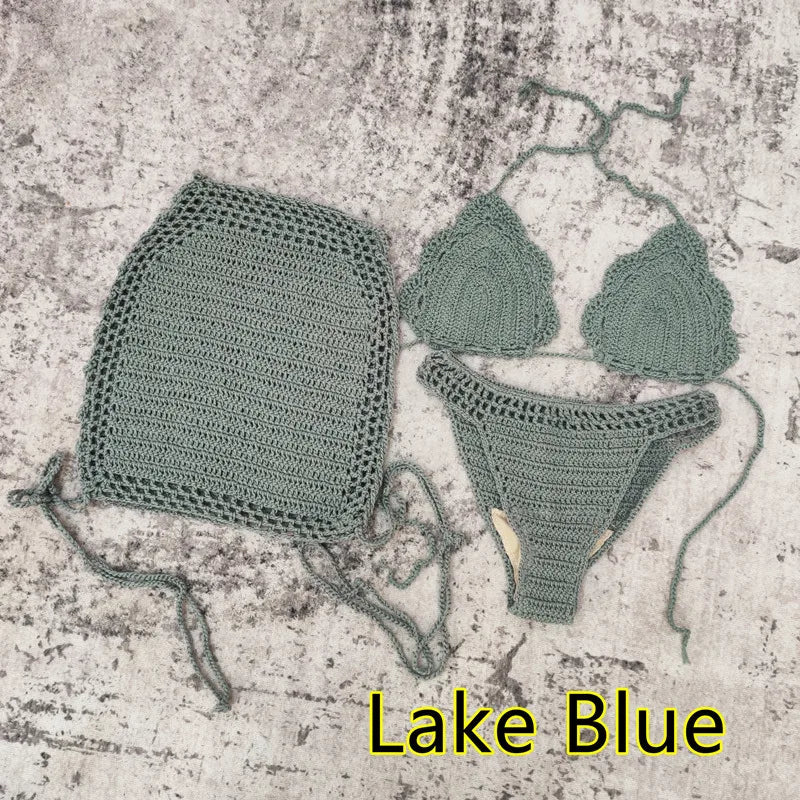 Ensemble bikini 3 pièces au crochet fait main avec jupe de plage