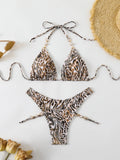 Ensemble bikini 2 pièces léopard à nouer au cou avec perles
