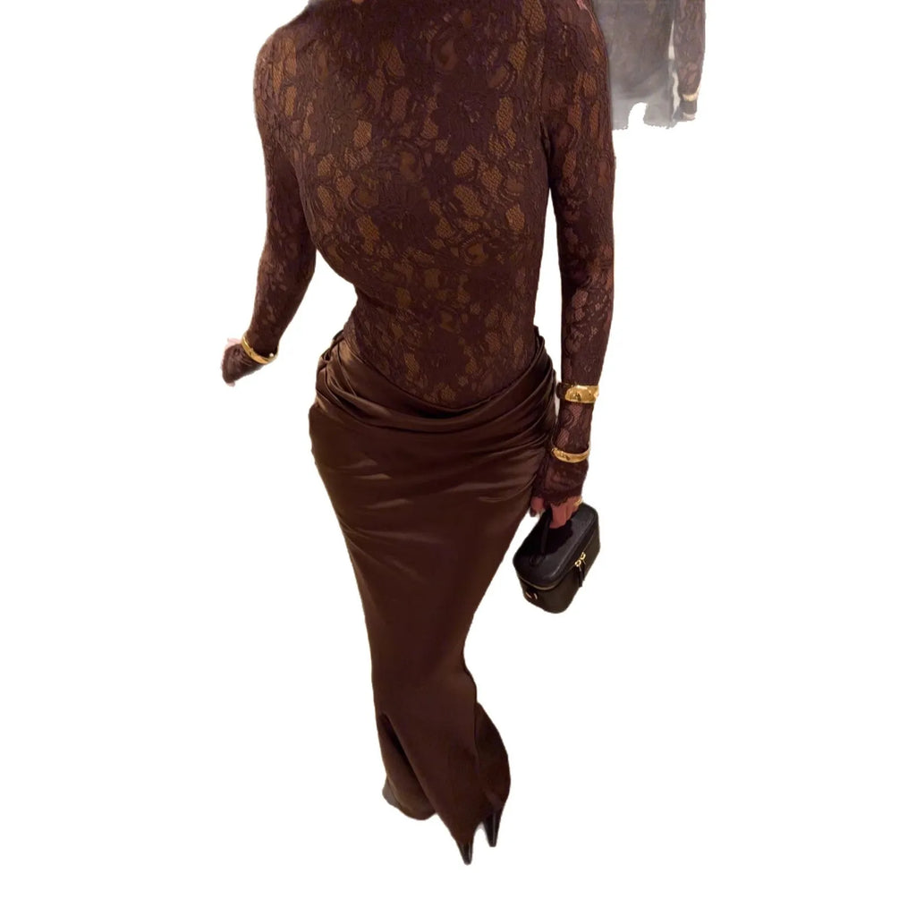 Robe longue élégante en satin à manches longues pour femme