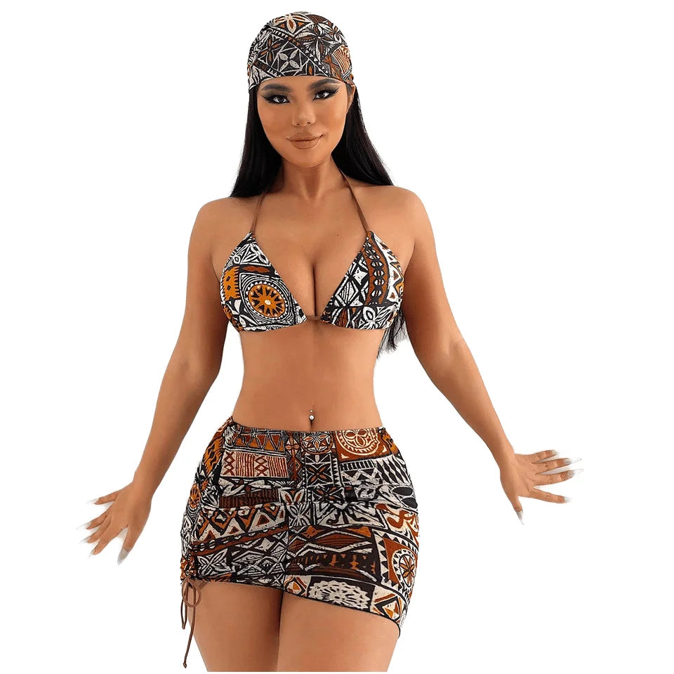 Maillot de bain femme 2 pièces taille haute avec foulard