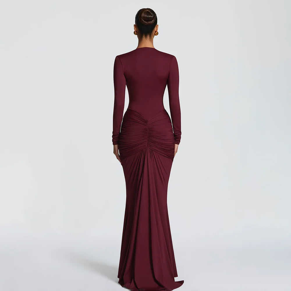 Robe longue femme col V profond, manches longues, coupe ajustée