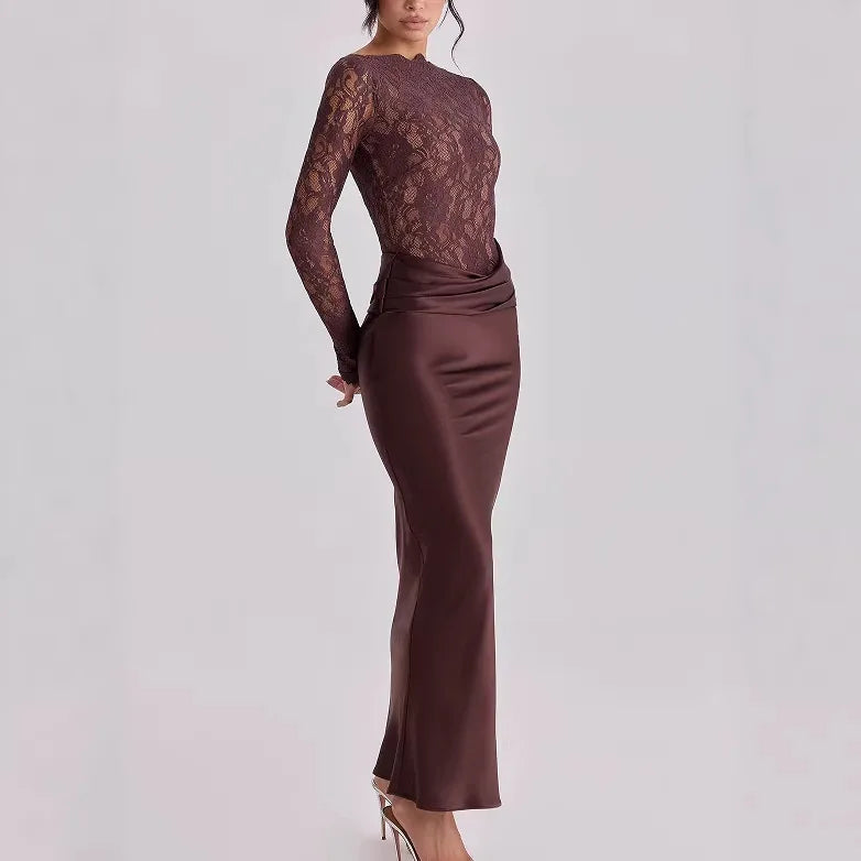 Robe longue élégante en satin à manches longues pour femme
