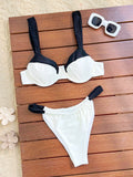 Bikini brésilien 2 pièces à épaules dénudées, push-up, patchwork uni