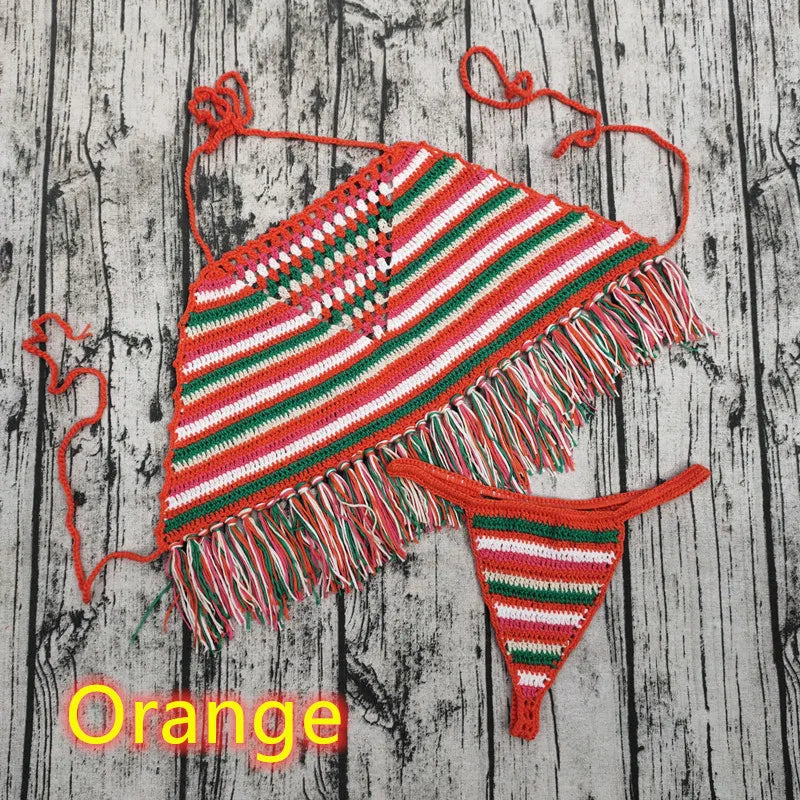 Bikini femme au crochet rayé, maillot de bain 2 pièces taille haute