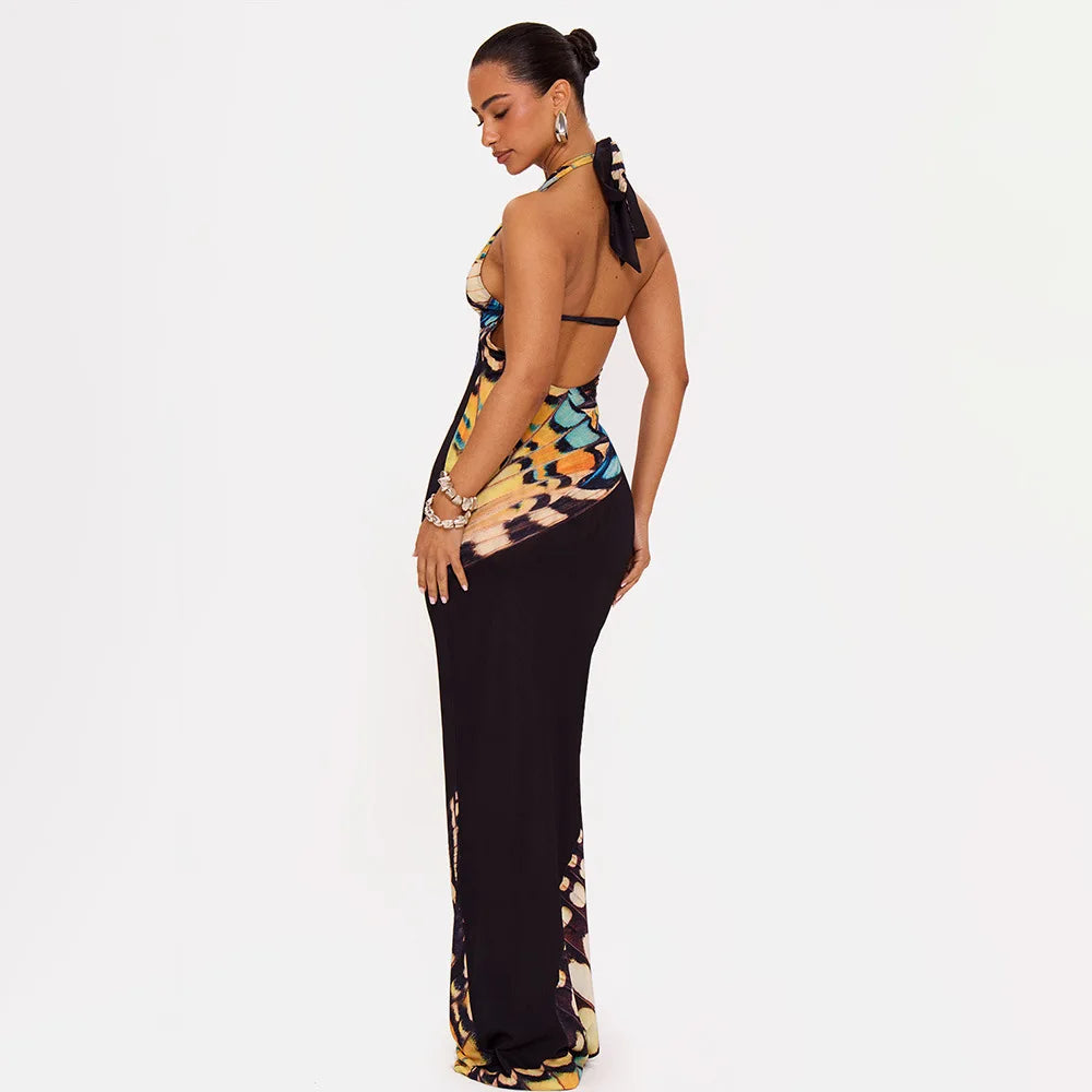 Robe longue dos nu à col halter, imprimé papillon, moulante et ajourée