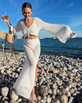 Ensemble de plage en maille blanche 2 pièces à manches évasées et col V