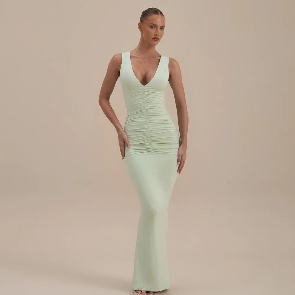 Women's Sleeveless Deep V-Neck Dress with Pleated Back and Cutout, Casual Summer Style