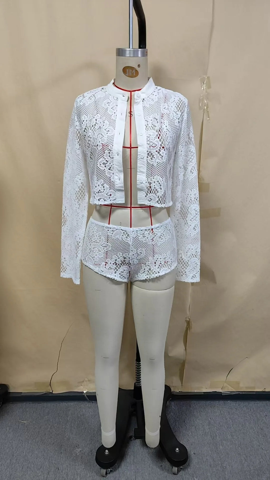 Ensemble de plage en maille ajourée pour femme, 2 pièces, manches longues, chic et léger