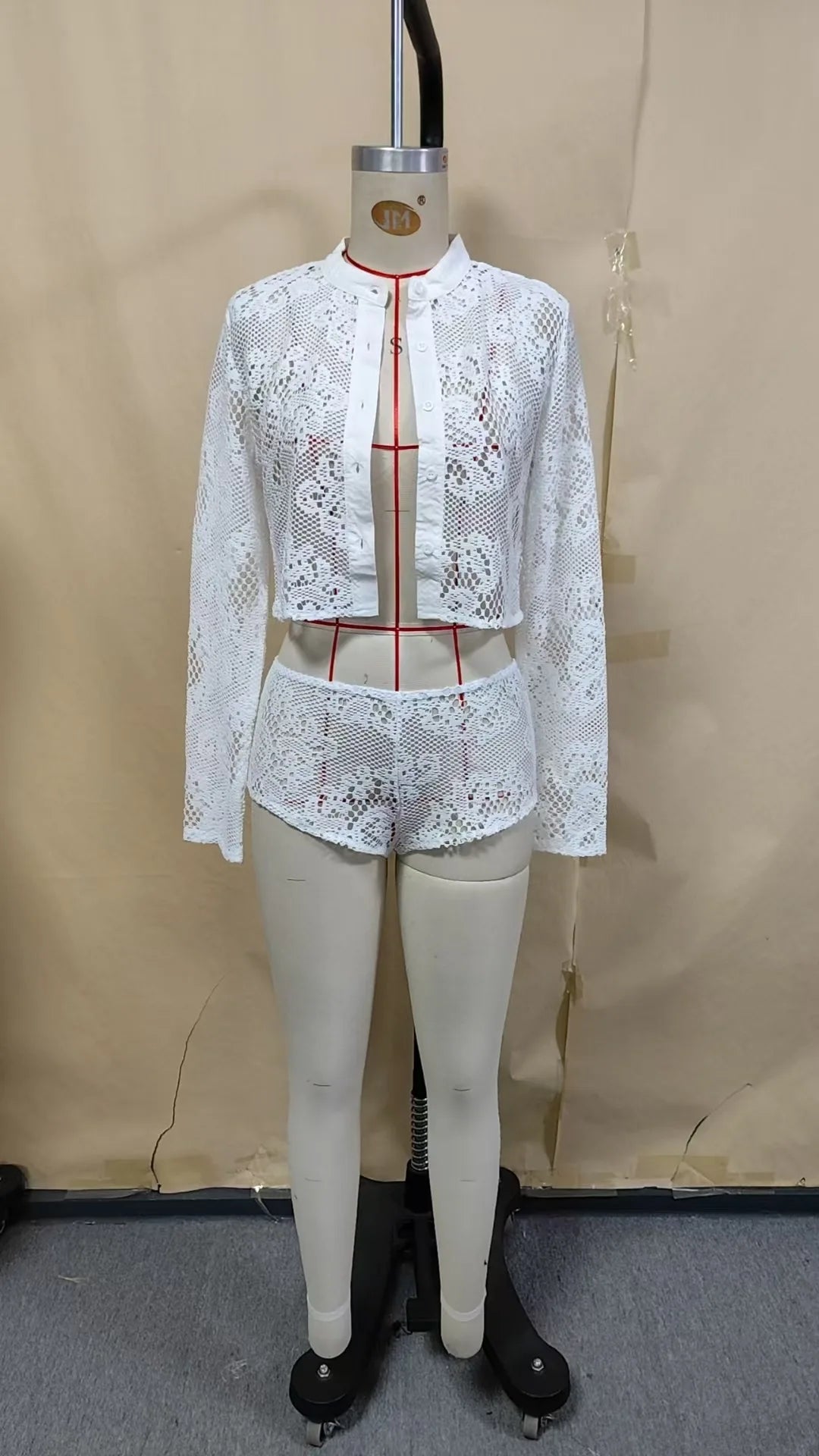 Ensemble de plage en maille ajourée pour femme, 2 pièces, manches longues, chic et léger