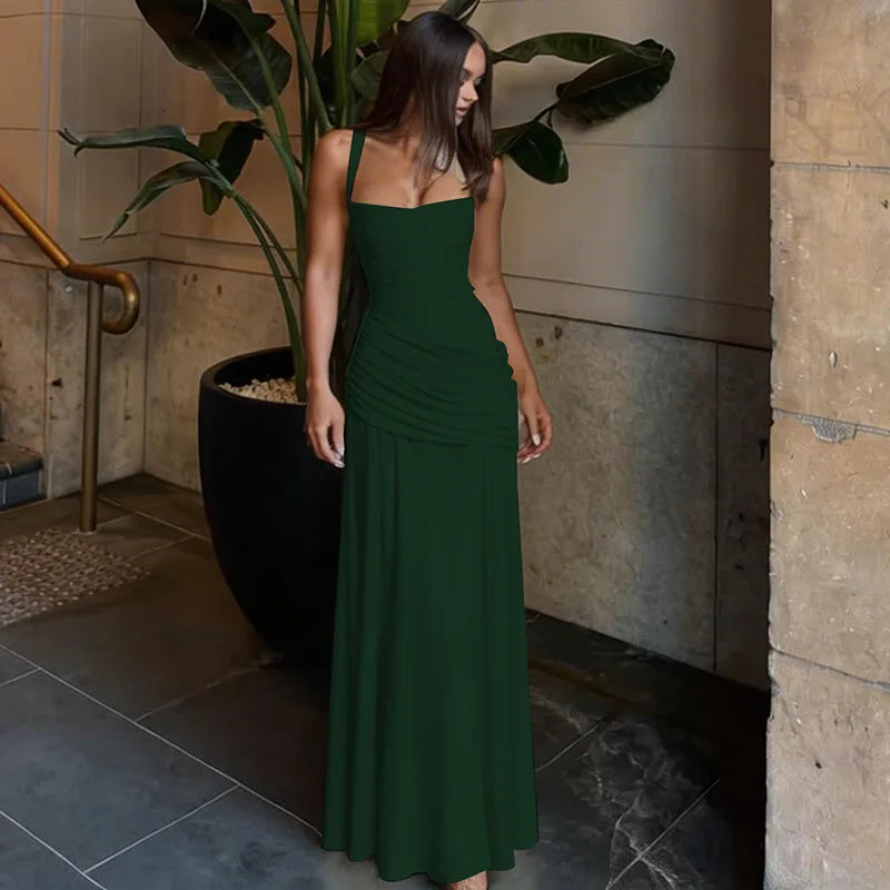 Robe longue moulante froncée dos nu à bretelles