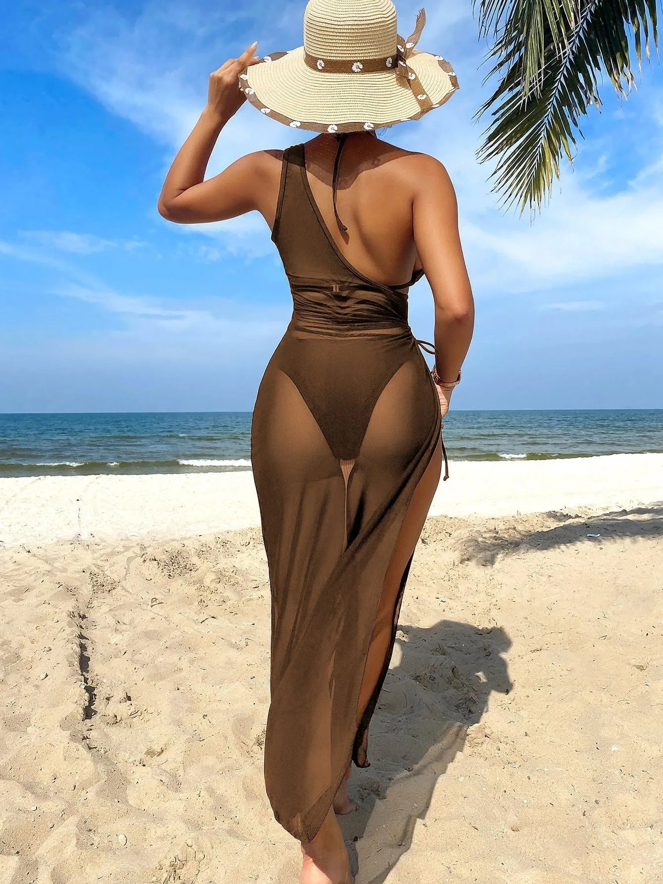 Ensemble bikini trois pièces avec paréo, taille haute, uni, dos nu, à nouer