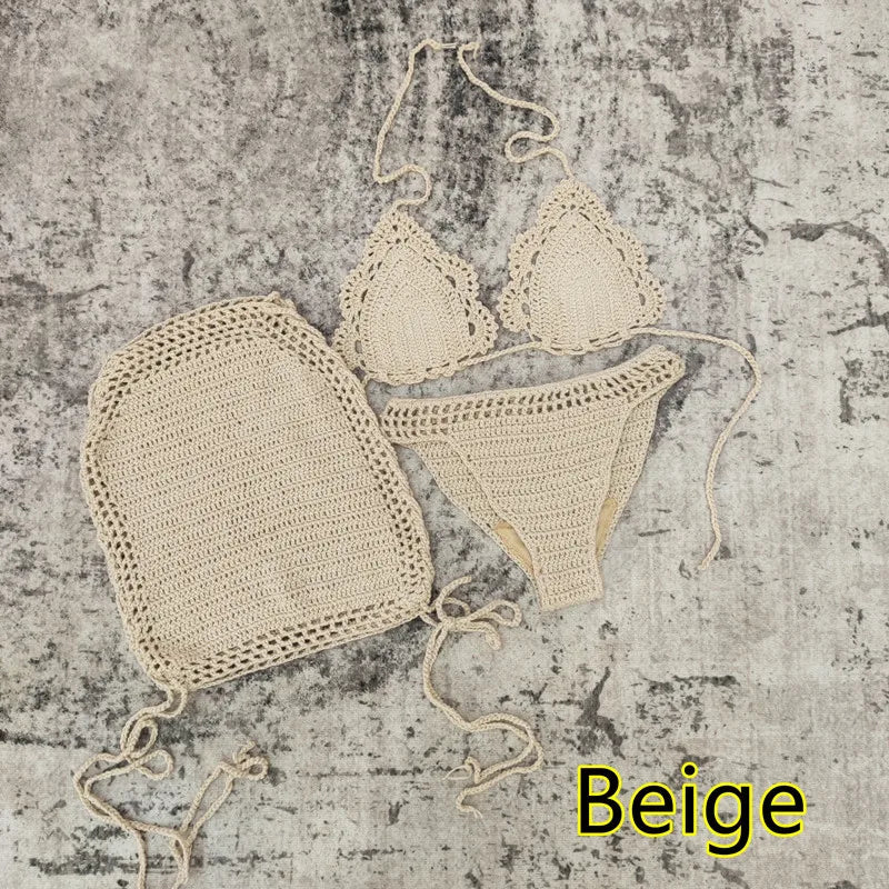 Ensemble bikini 3 pièces au crochet fait main avec jupe de plage