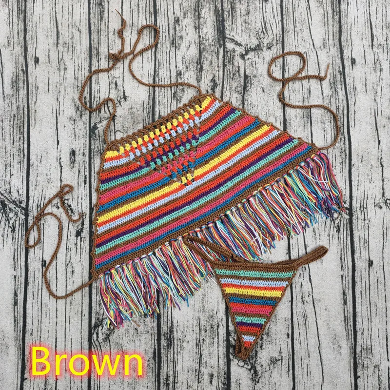 Bikini femme au crochet rayé, maillot de bain 2 pièces taille haute