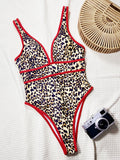 Maillot de bain 1 pièce femme à col V profond, découpes ajourées, imprimé léopard