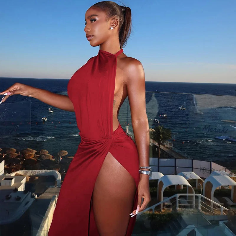 Robe longue femme dos nu à col halter, fendue sur le côté, coupe moulante