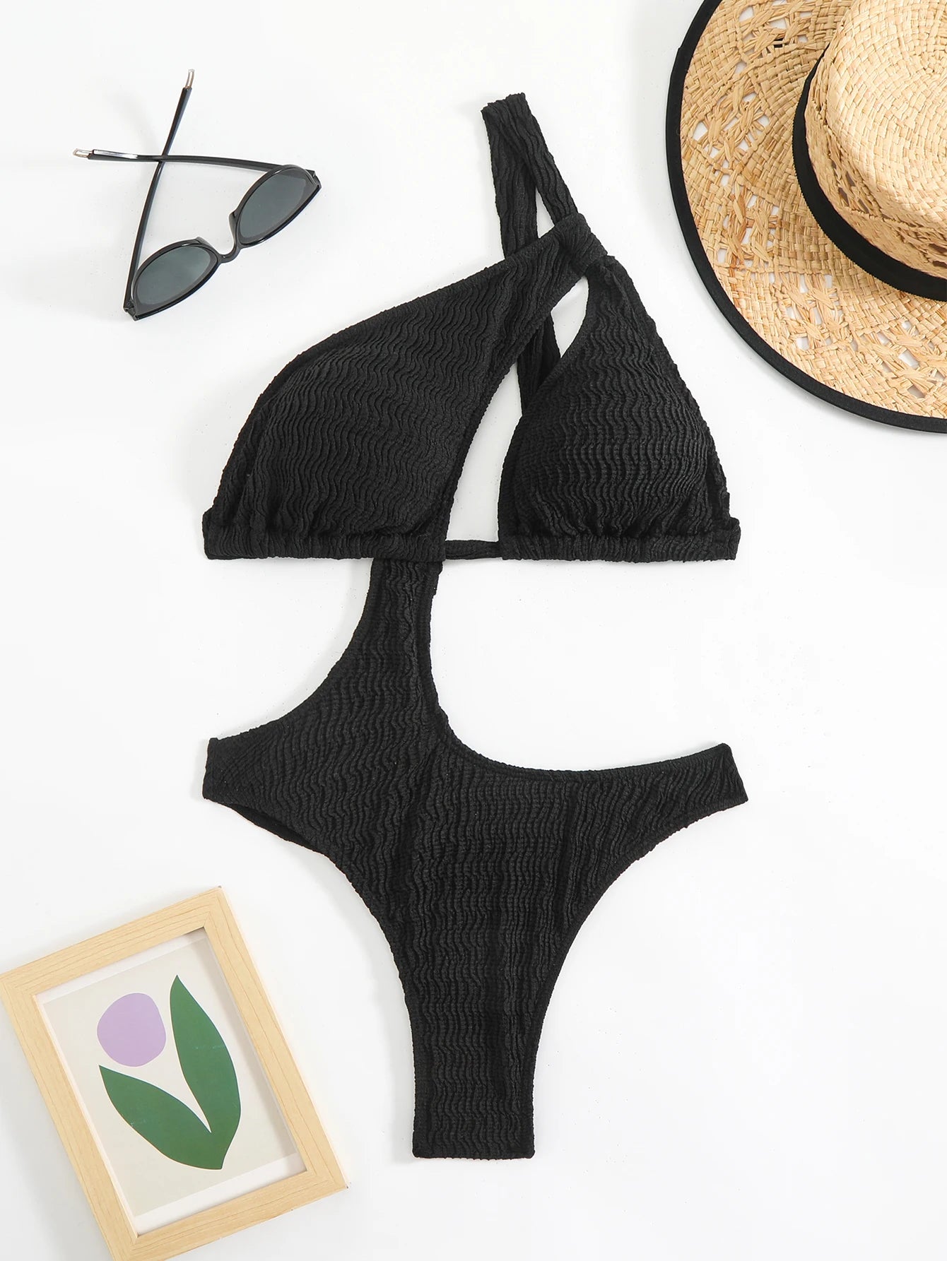 Maillot de bain femme 1 pièce noir en dentelle, épaules dénudées, coupe brésilienne