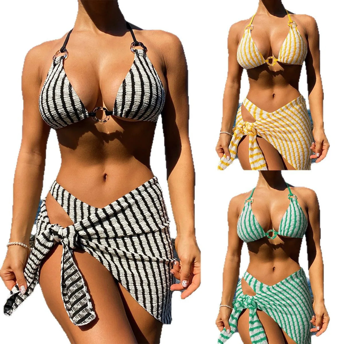 Bikini 3 pièces à armatures, coloris uni contrasté, éco-responsable