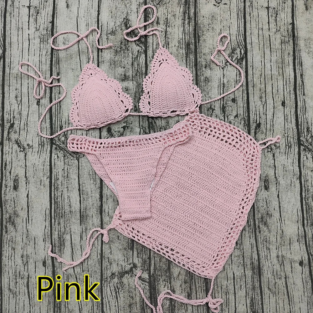 Ensemble bikini 3 pièces au crochet fait main avec jupe de plage
