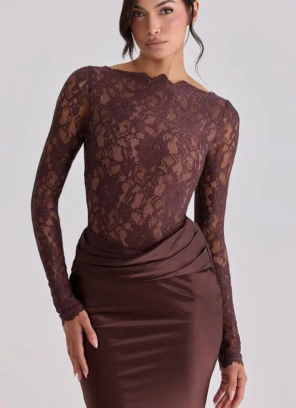Robe longue élégante en satin à manches longues pour femme