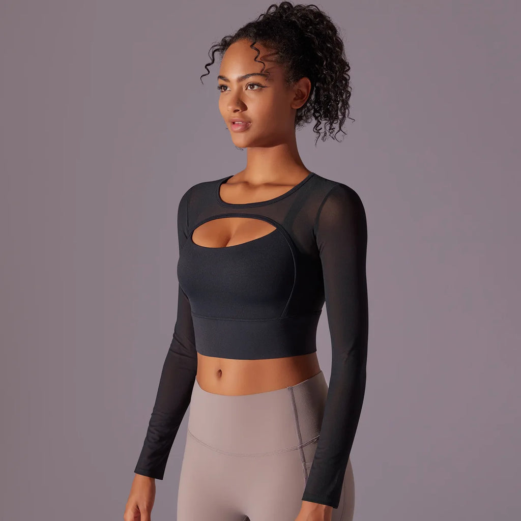 Haut de yoga et fitness manches longues en maille respirante bicolore ajustée pour femme