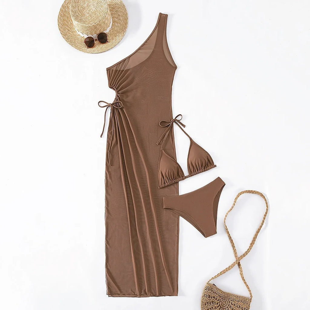 Ensemble bikini trois pièces avec paréo, taille haute, uni, dos nu, à nouer