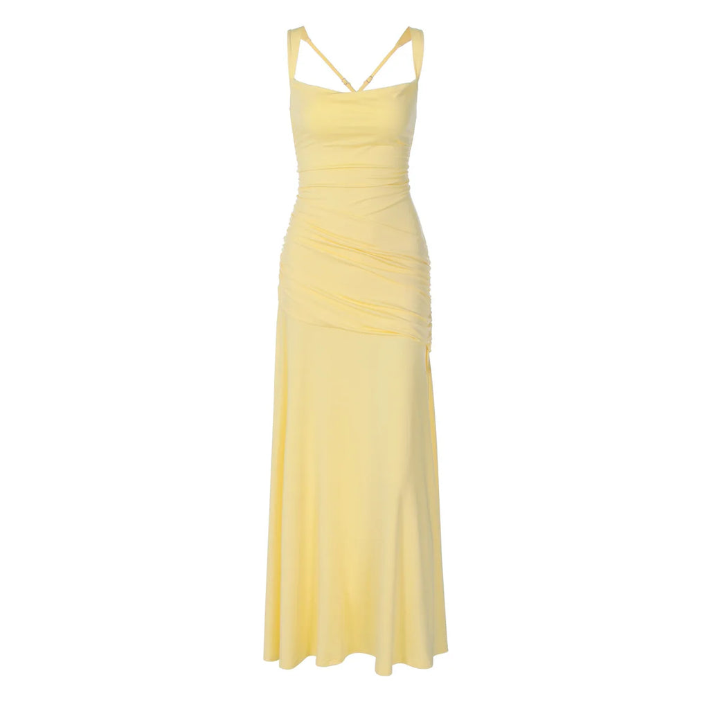 Robe longue moulante froncée dos nu à bretelles