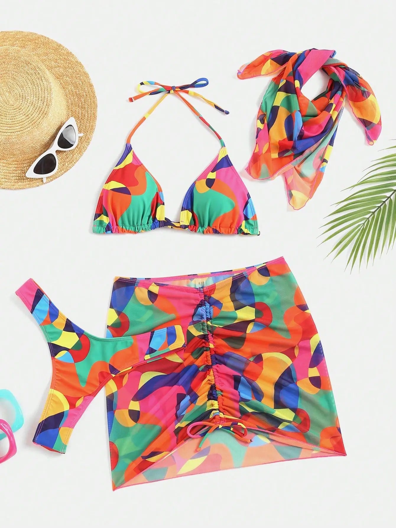 Ensemble bikini 4 pièces imprimé à nouer, jupe et foulard