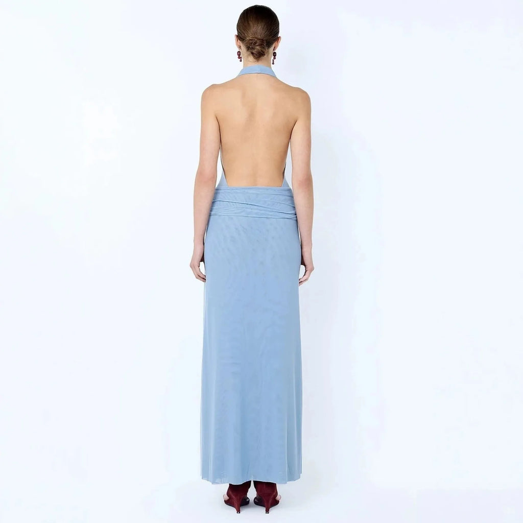 Robe Maxi Élégante à Halter Sans Dos en Maille Bleu, Coupe Slim pour Femme