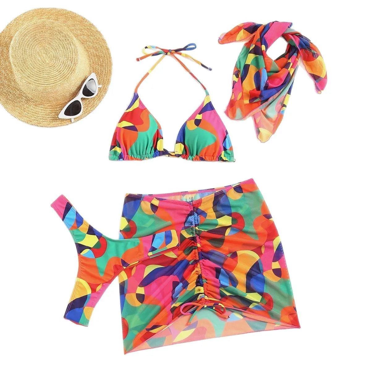 Ensemble bikini 4 pièces imprimé à nouer, jupe et foulard