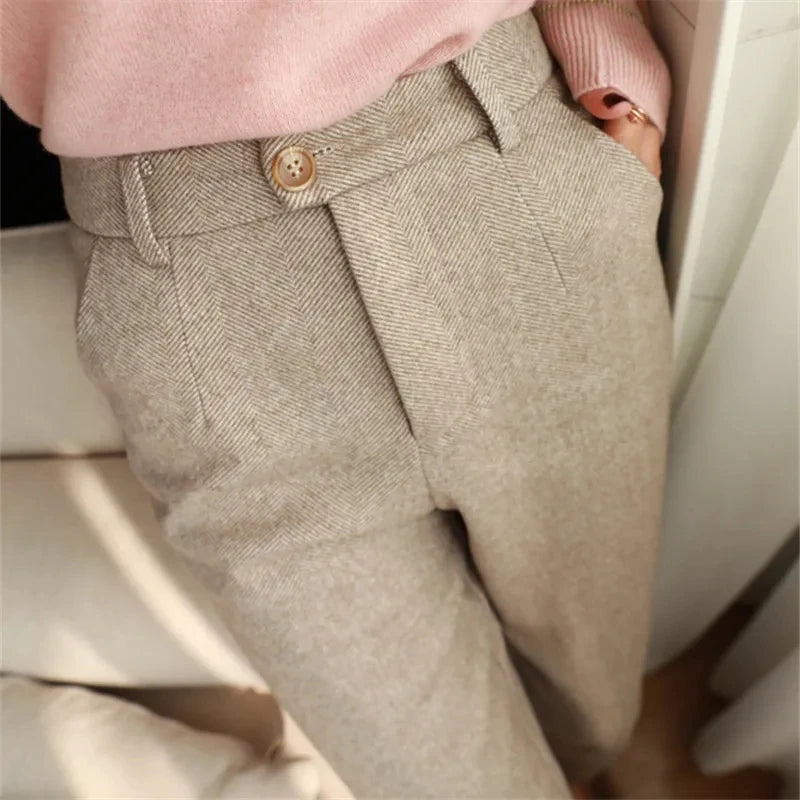 Wollhose Damen Harem Bleistifthose 2024 Herbst Winter High Waisted Freizeithose Anzughose Office Lady Damenhose